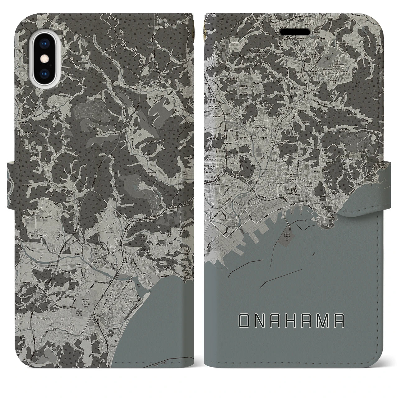【小名浜(福島県)】地図柄iPhoneケース(手帳タイプ)モノトーン・iPhone XS Max 用