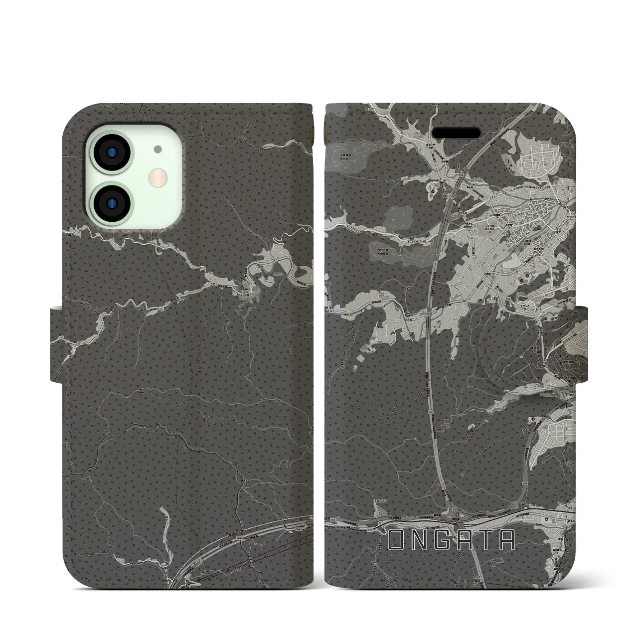 【恩方(東京都)】地図柄iPhoneケース(手帳タイプ)モノトーン・iPhone 12 mini 用