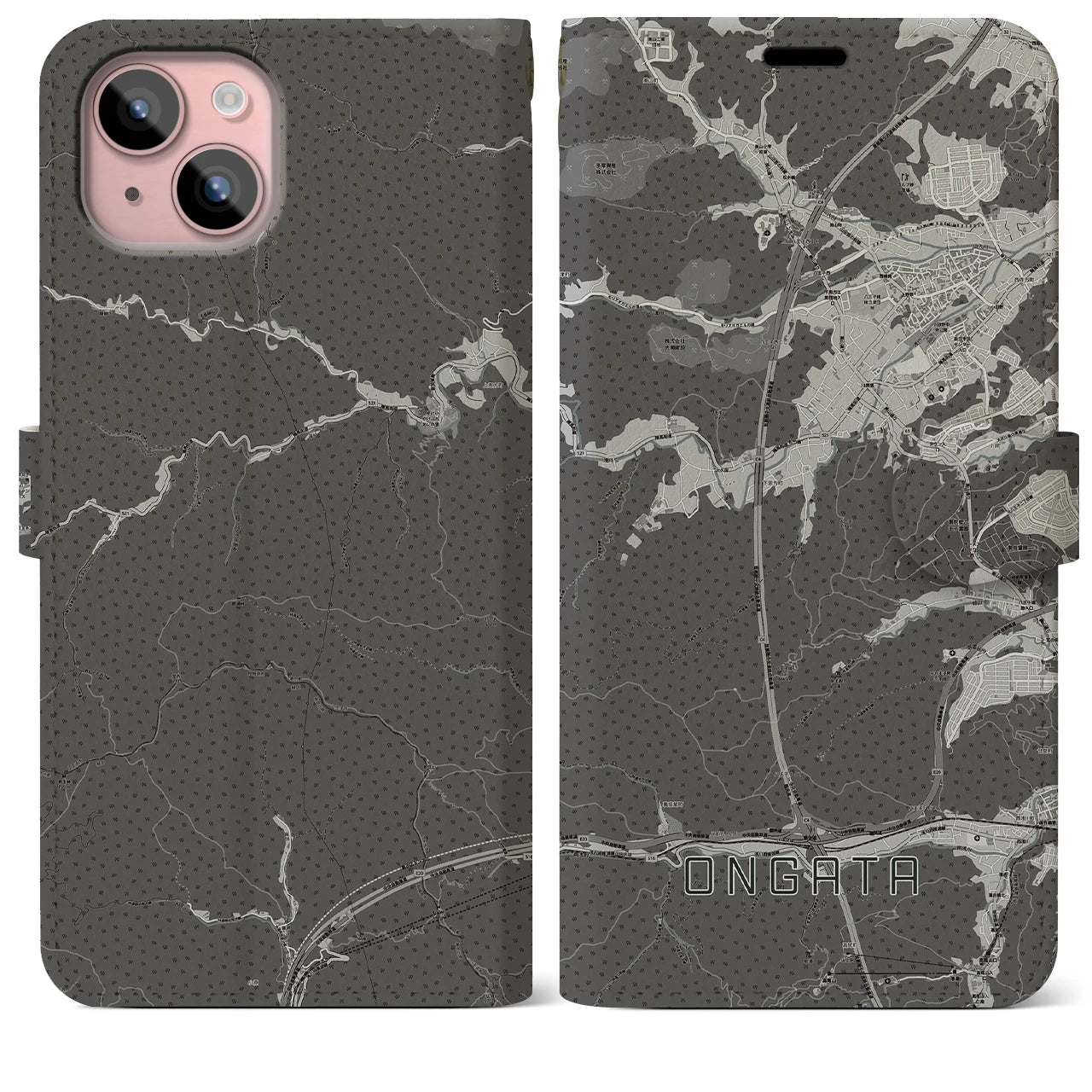 【恩方(東京都)】地図柄iPhoneケース(手帳タイプ)モノトーン・iPhone 15 Plus 用