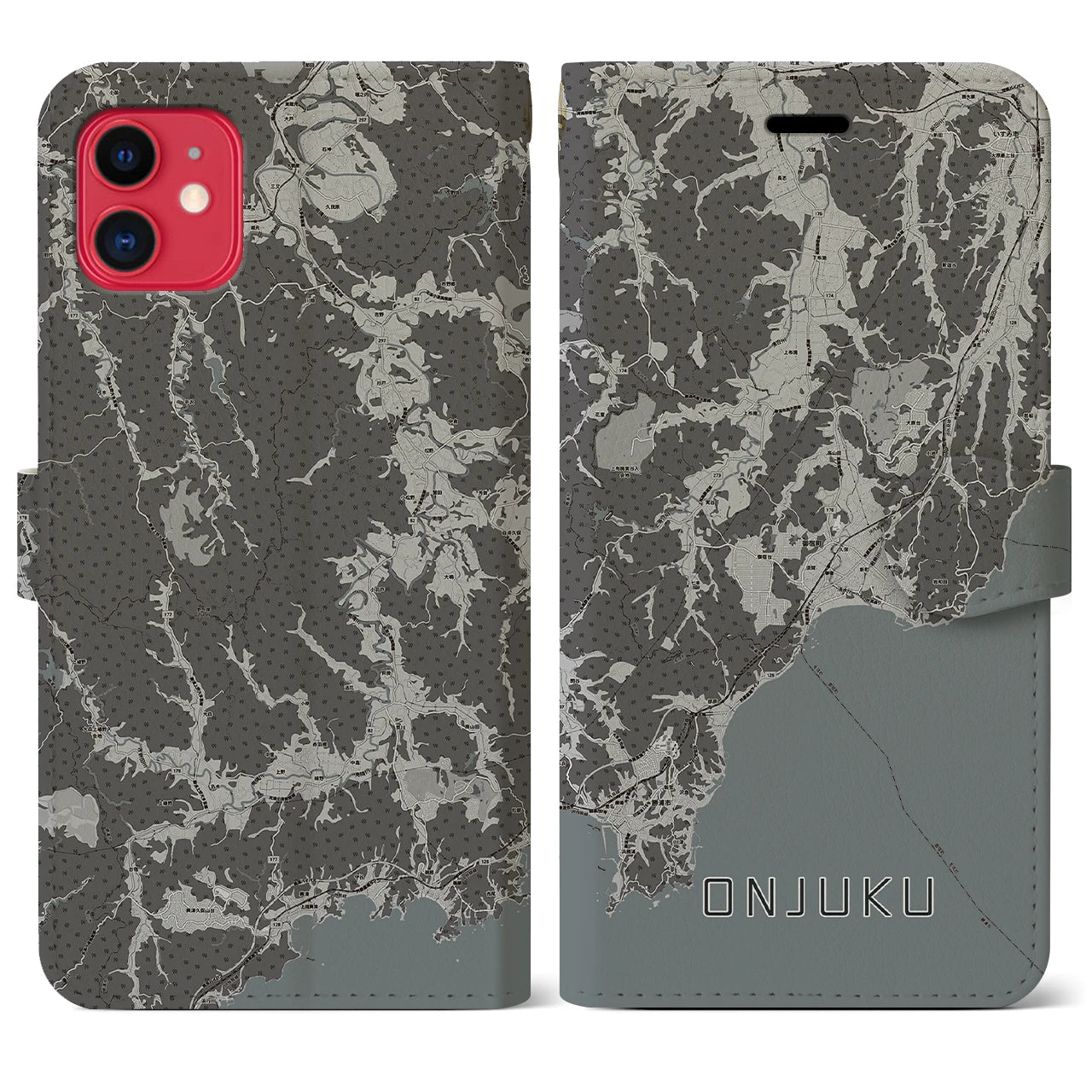 【御宿(千葉県)】地図柄iPhoneケース(手帳タイプ)モノトーン・iPhone 11 用