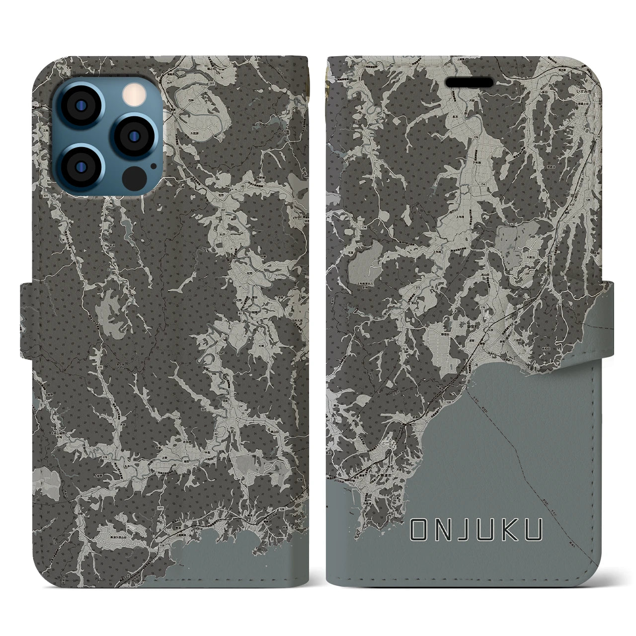 【御宿(千葉県)】地図柄iPhoneケース(手帳タイプ)モノトーン・iPhone 12 / 12 Pro 用
