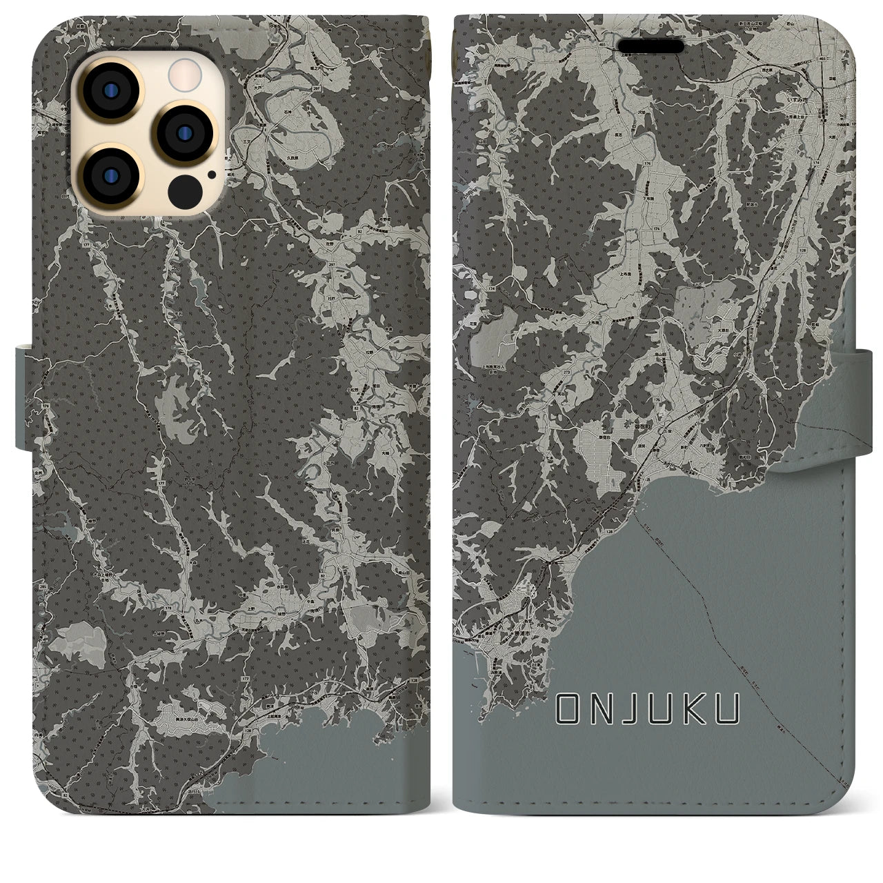 【御宿(千葉県)】地図柄iPhoneケース(手帳タイプ)モノトーン・iPhone 12 Pro Max 用