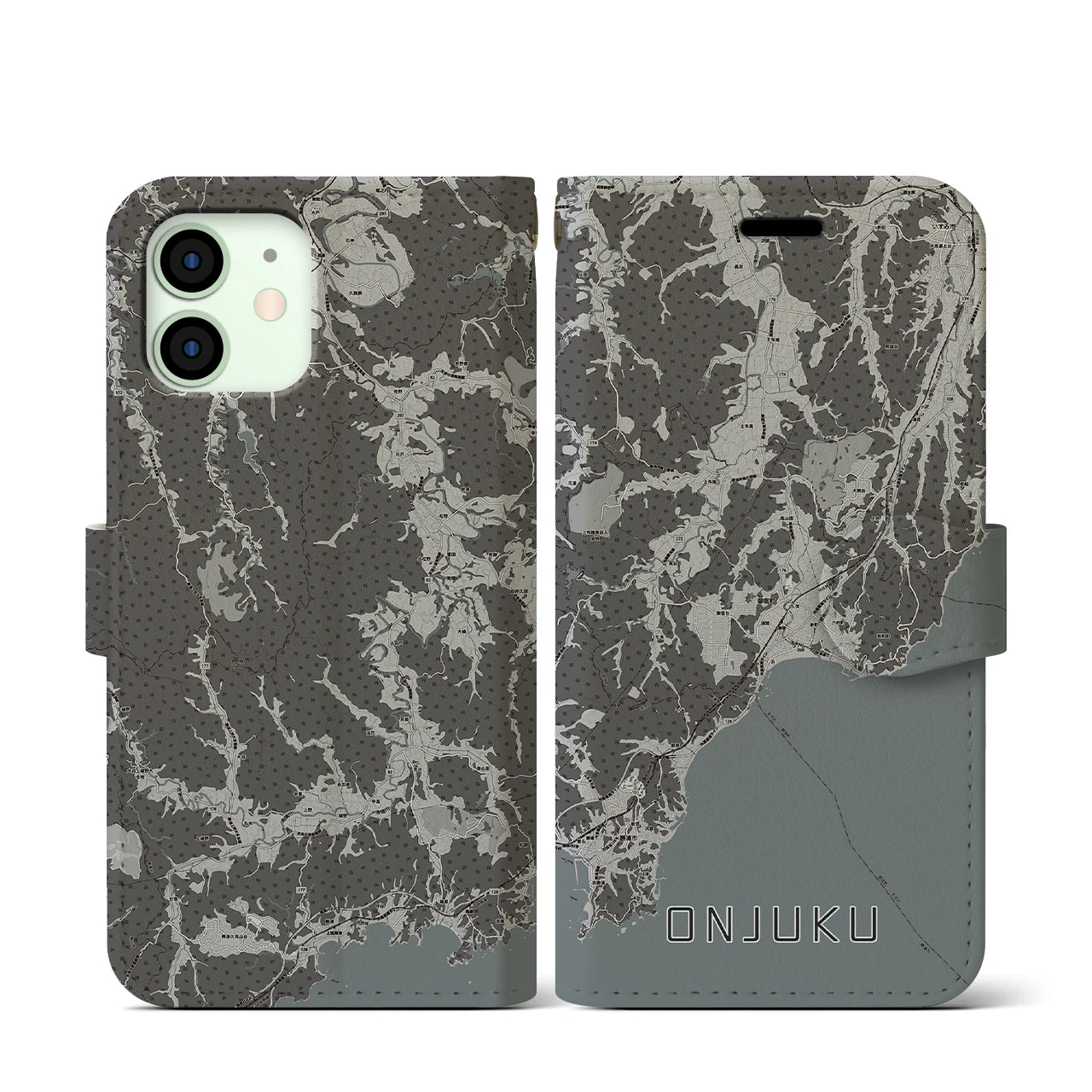 【御宿(千葉県)】地図柄iPhoneケース(手帳タイプ)モノトーン・iPhone 12 mini 用