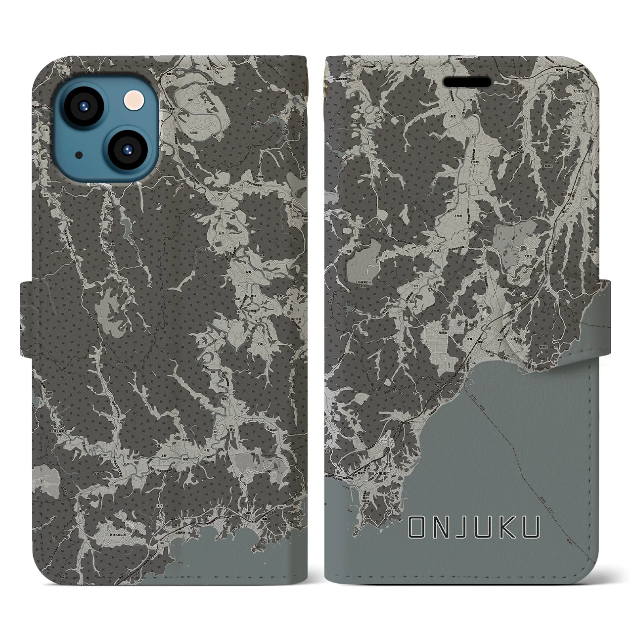 【御宿(千葉県)】地図柄iPhoneケース(手帳タイプ)モノトーン・iPhone 13 用