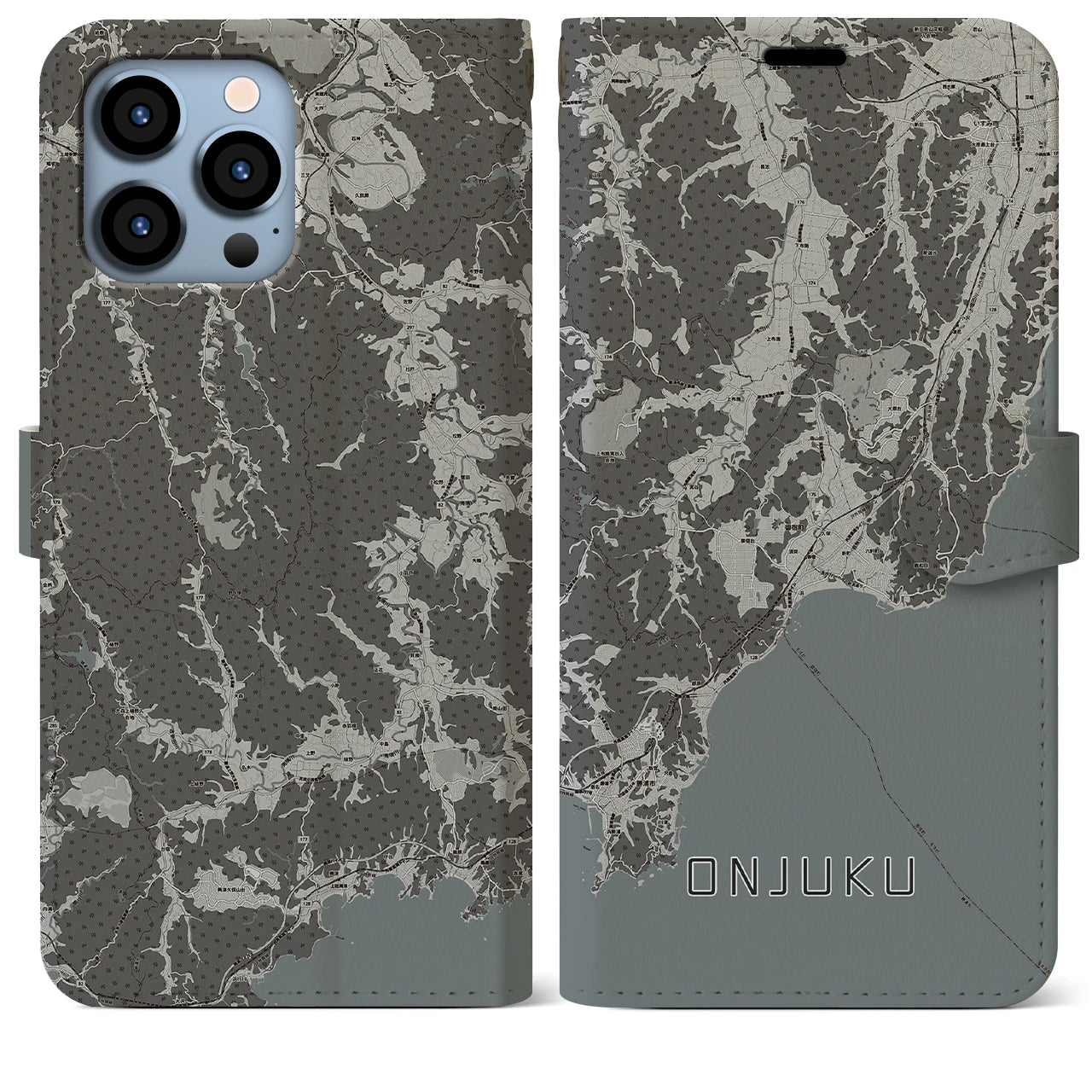 【御宿(千葉県)】地図柄iPhoneケース(手帳タイプ)モノトーン・iPhone 13 Pro Max 用