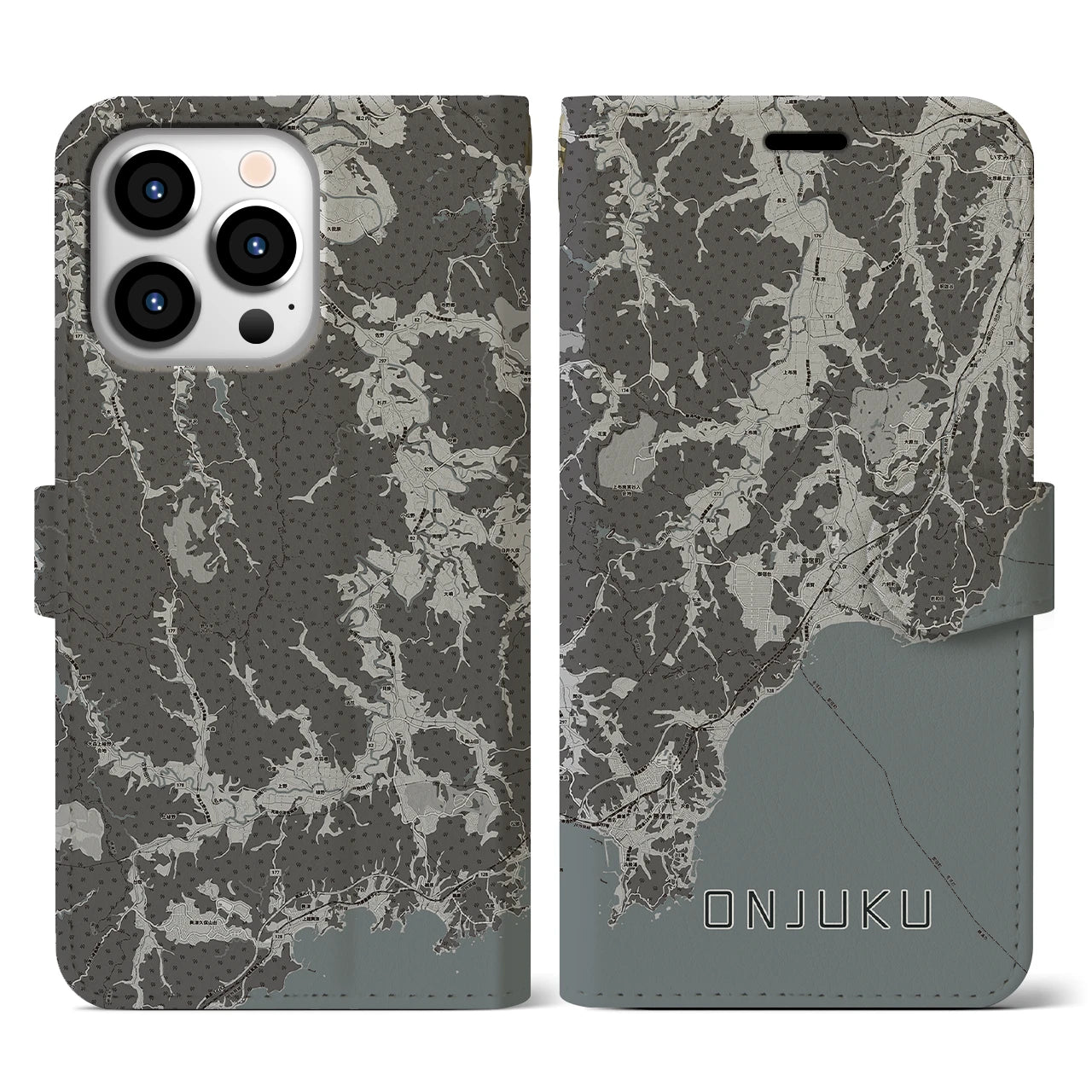 【御宿(千葉県)】地図柄iPhoneケース(手帳タイプ)モノトーン・iPhone 13 Pro 用