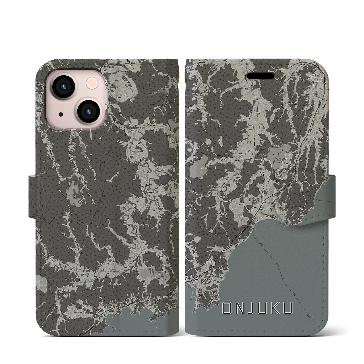 【御宿(千葉県)】地図柄iPhoneケース(手帳タイプ)モノトーン・iPhone 13 mini 用