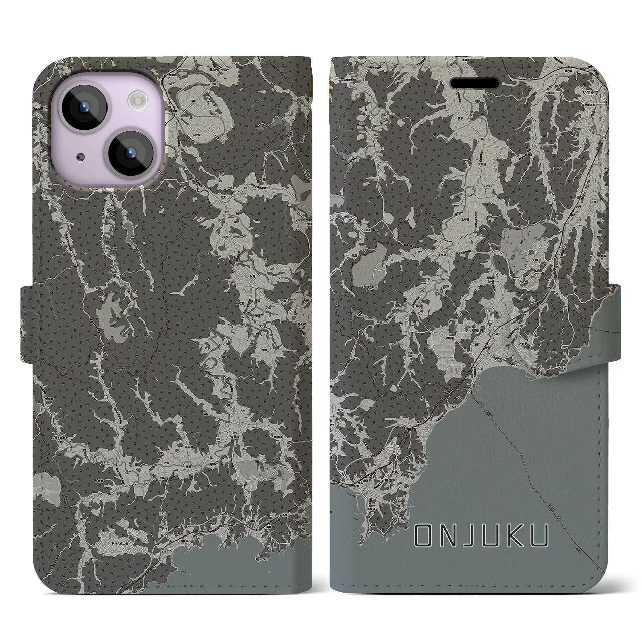 【御宿(千葉県)】地図柄iPhoneケース(手帳タイプ)モノトーン・iPhone 14 用