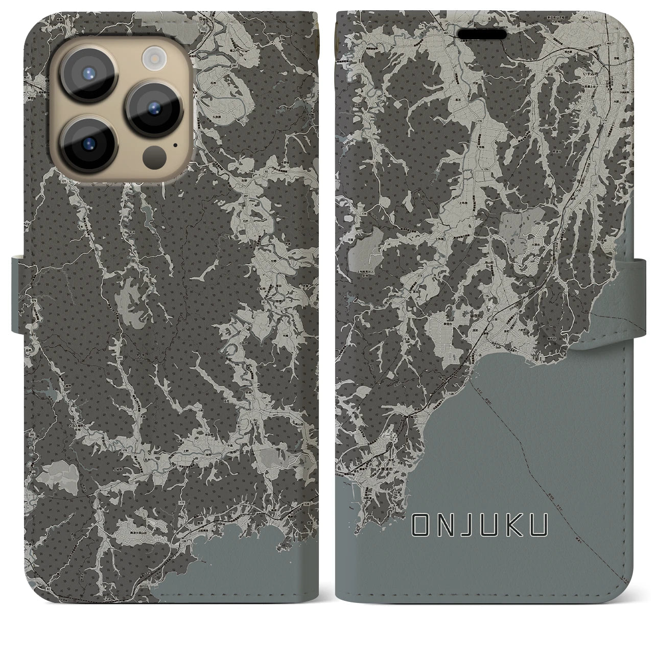 【御宿(千葉県)】地図柄iPhoneケース(手帳タイプ)モノトーン・iPhone 14 Pro Max 用