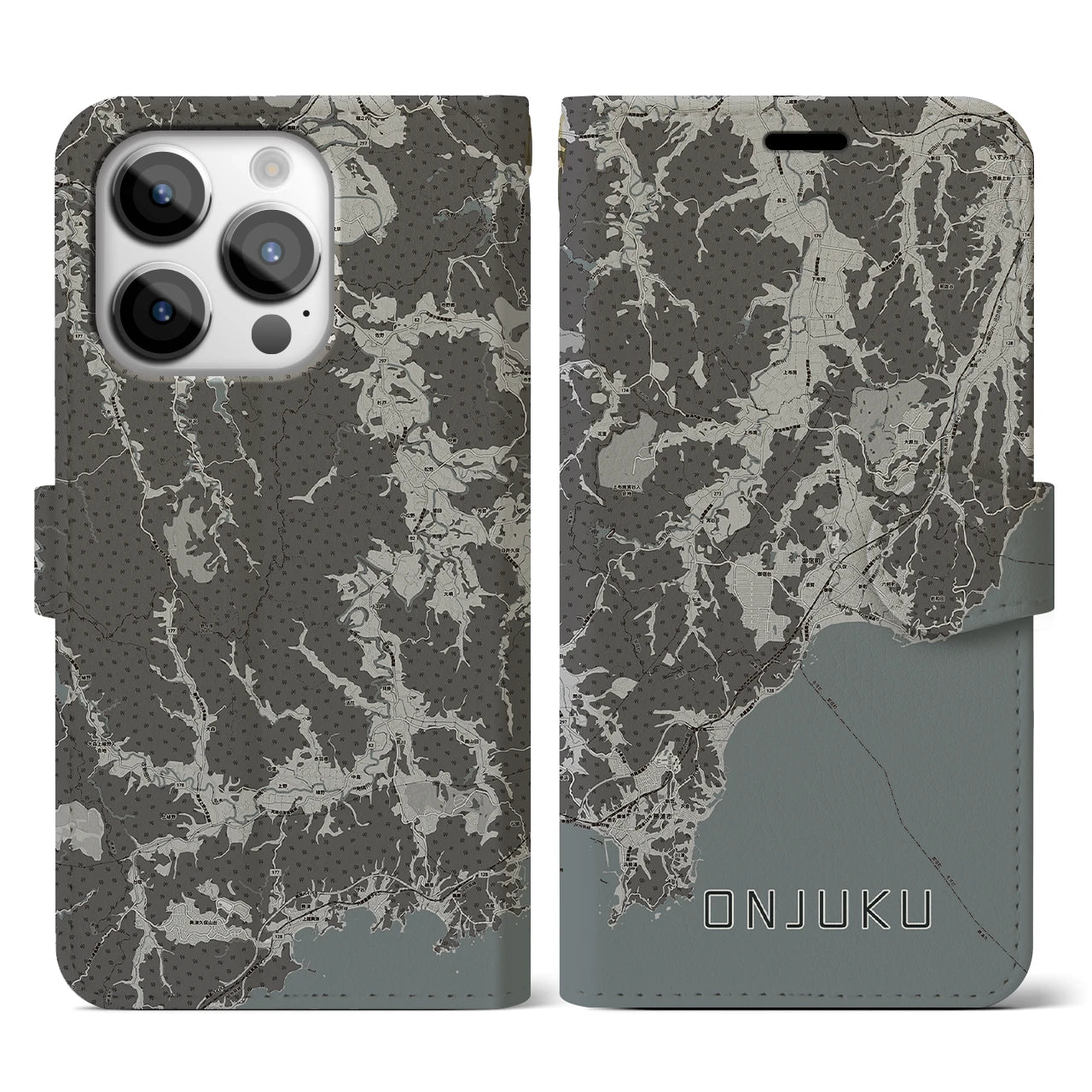 【御宿(千葉県)】地図柄iPhoneケース(手帳タイプ)モノトーン・iPhone 14 Pro 用