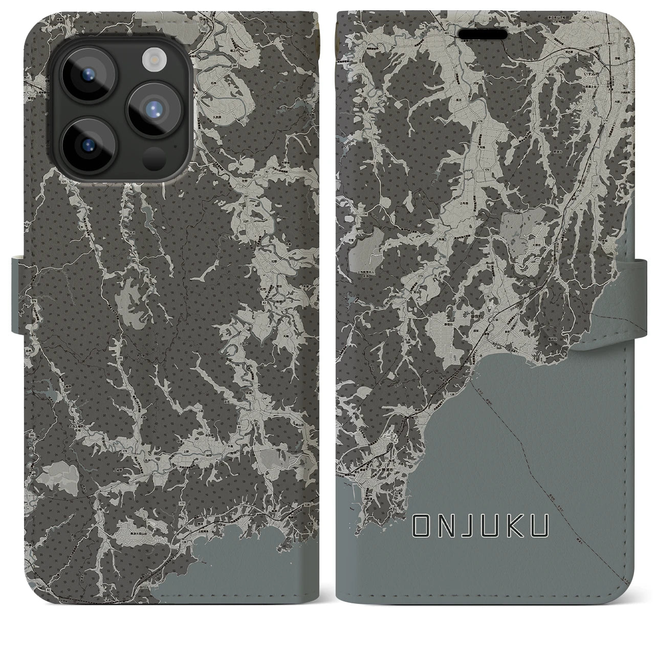 【御宿(千葉県)】地図柄iPhoneケース(手帳タイプ)モノトーン・iPhone 15 Pro Max 用