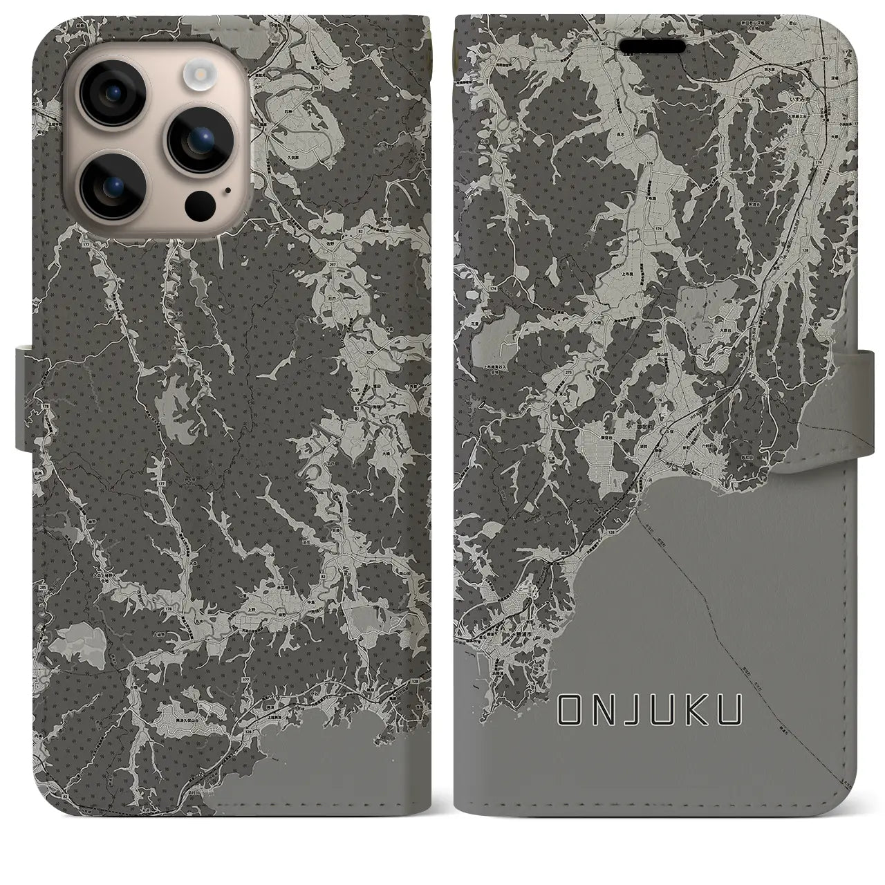 【御宿(千葉県)】地図柄iPhoneケース(手帳タイプ)モノトーン・iPhone 16 Plus 用