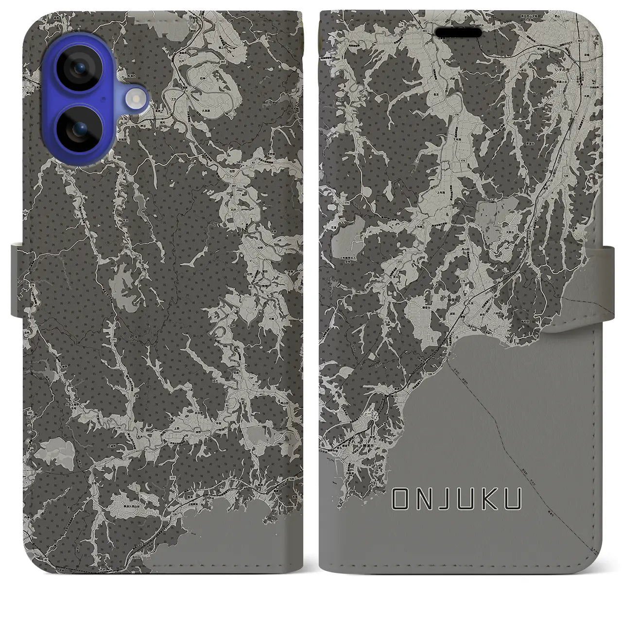 【御宿(千葉県)】地図柄iPhoneケース(手帳タイプ)モノトーン・iPhone 16 Pro Max 用