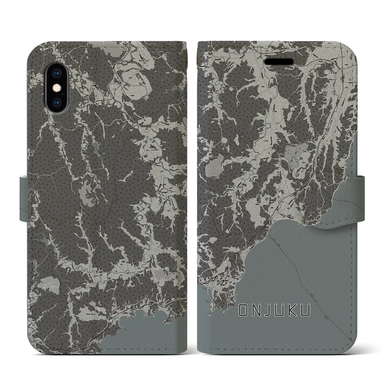 【御宿(千葉県)】地図柄iPhoneケース(手帳タイプ)モノトーン・iPhone XS / X 用