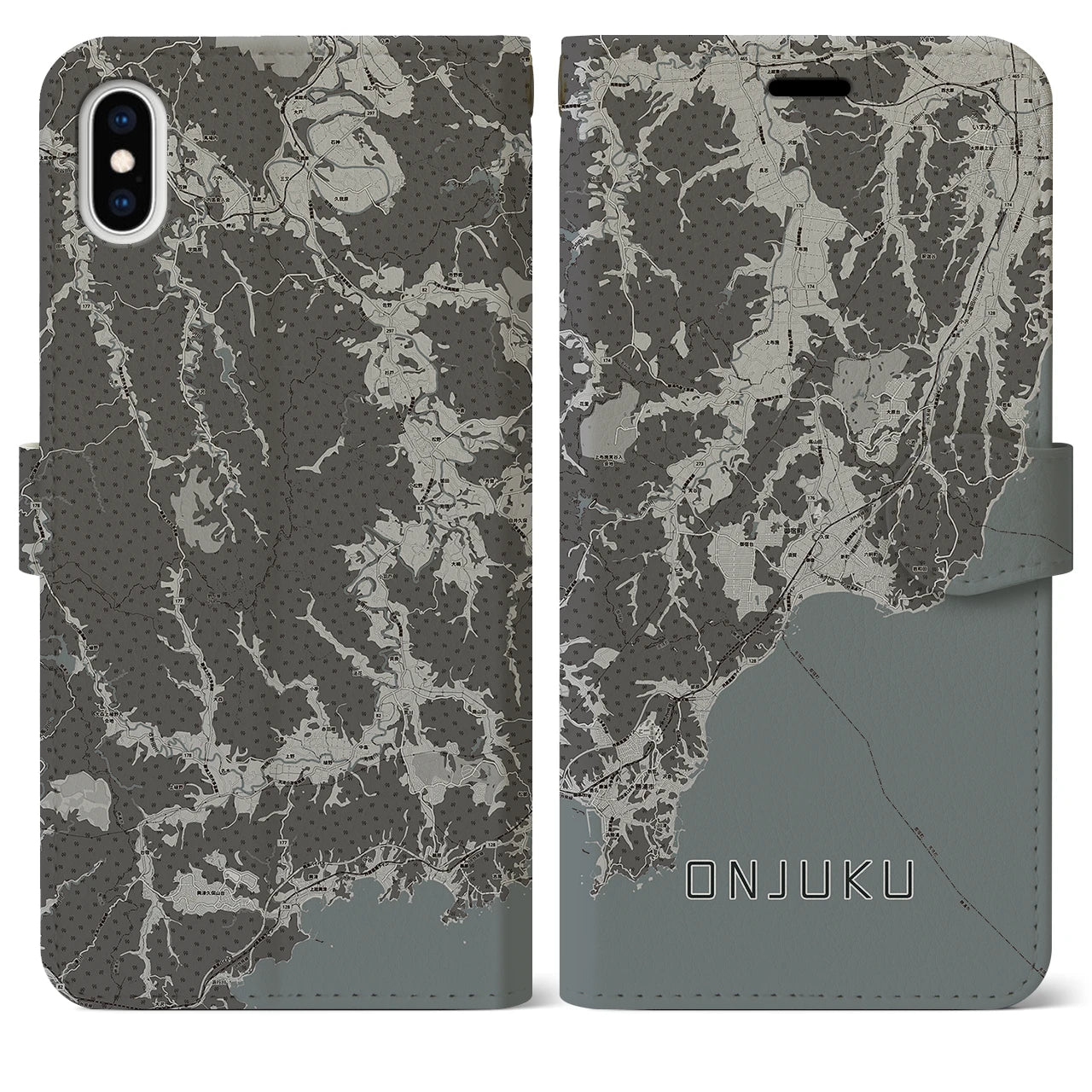 【御宿(千葉県)】地図柄iPhoneケース(手帳タイプ)モノトーン・iPhone XS Max 用
