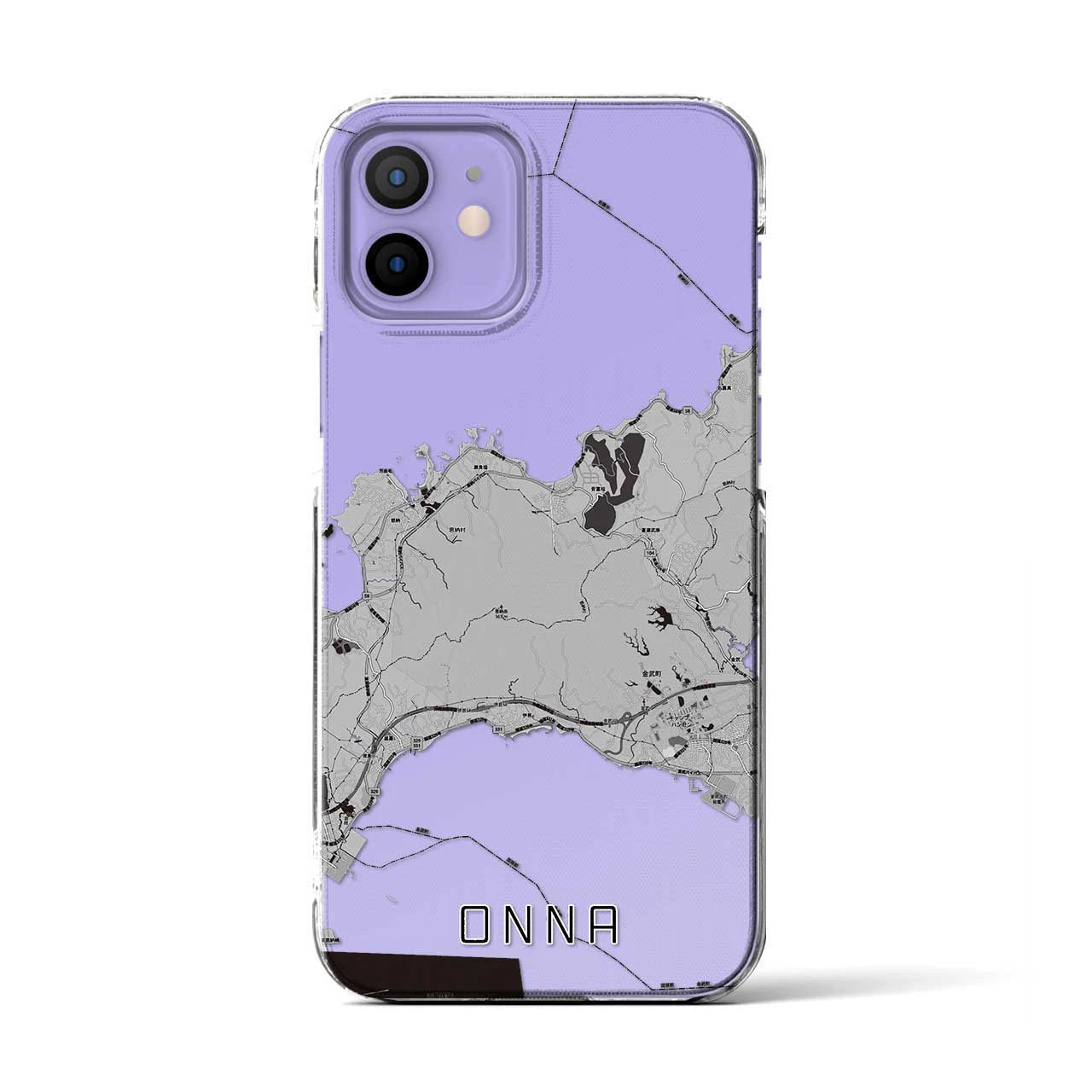 【恩納(沖縄県)】地図柄iPhoneケース(クリアタイプ)モノトーン・iPhone 12 / 12 Pro 用