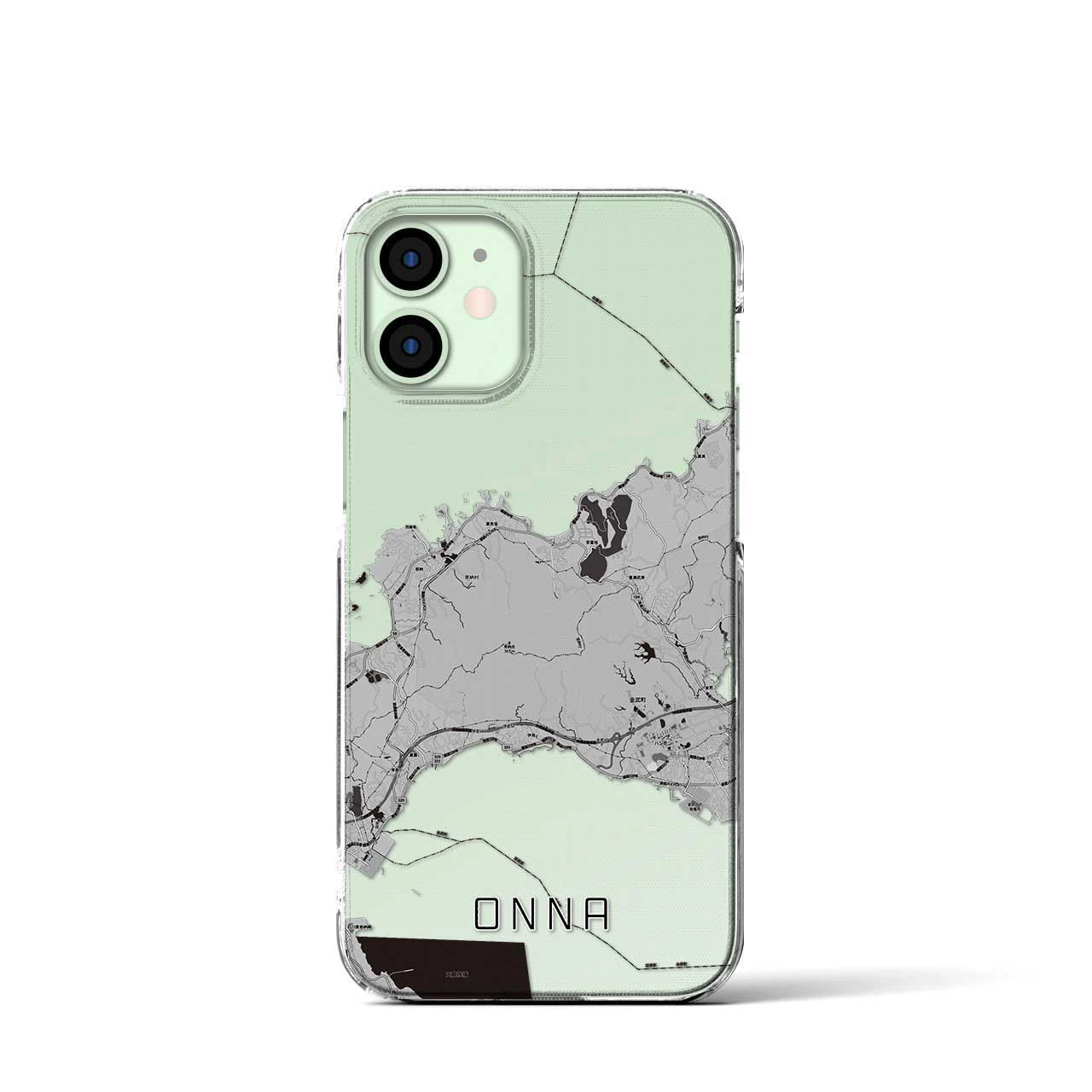 【恩納(沖縄県)】地図柄iPhoneケース(クリアタイプ)モノトーン・iPhone 12 mini 用