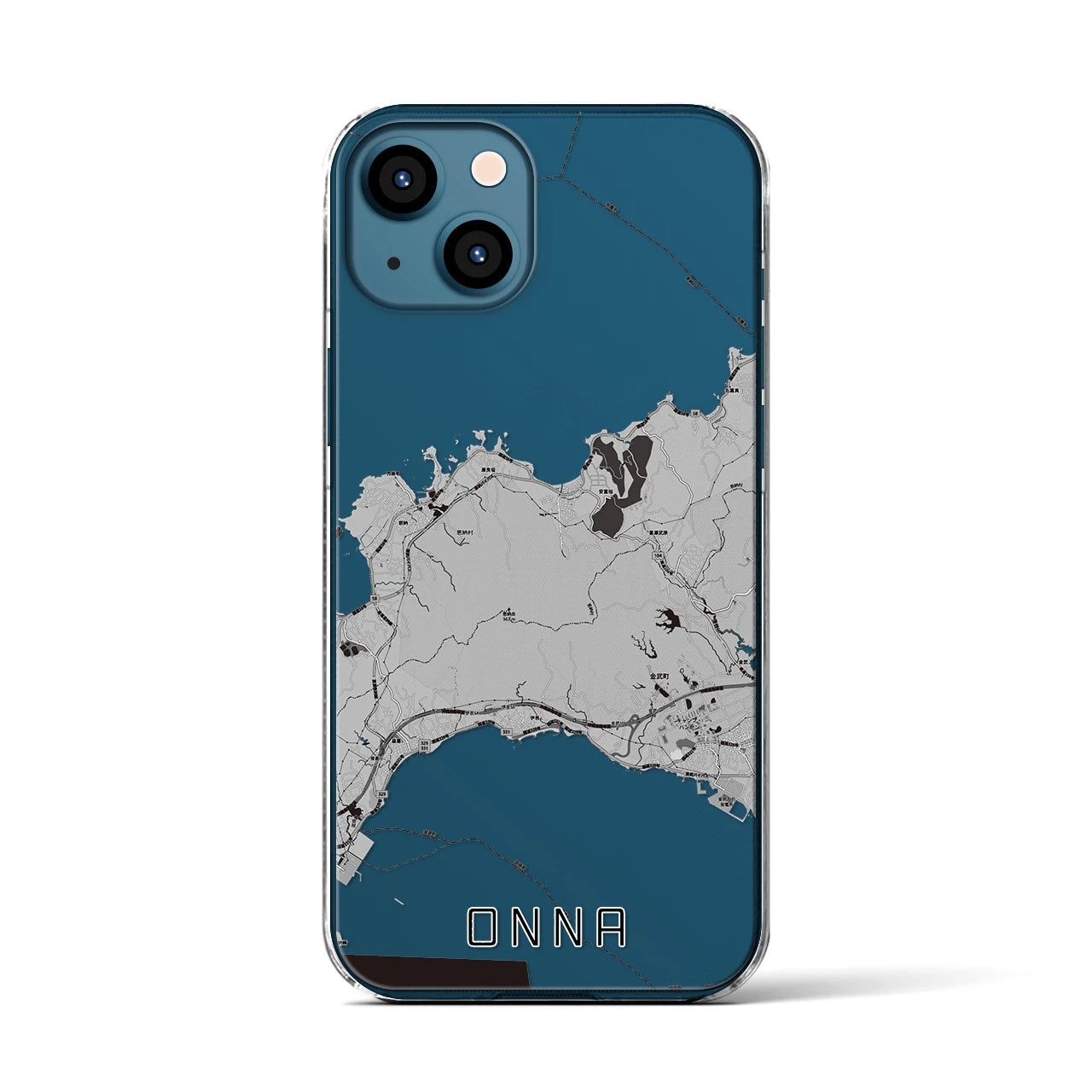 【恩納(沖縄県)】地図柄iPhoneケース(クリアタイプ)モノトーン・iPhone 13 用