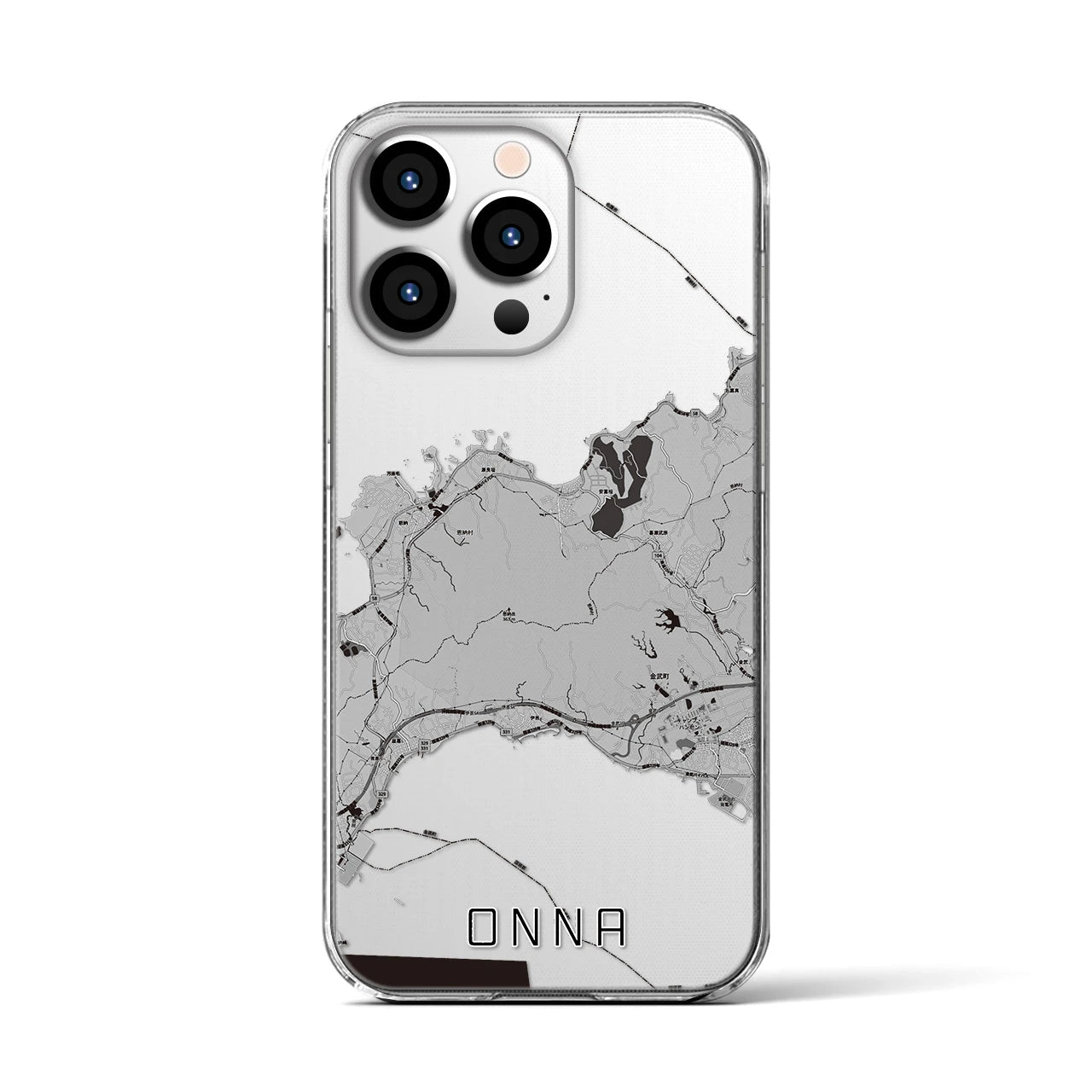 【恩納(沖縄県)】地図柄iPhoneケース(クリアタイプ)モノトーン・iPhone 13 Pro 用