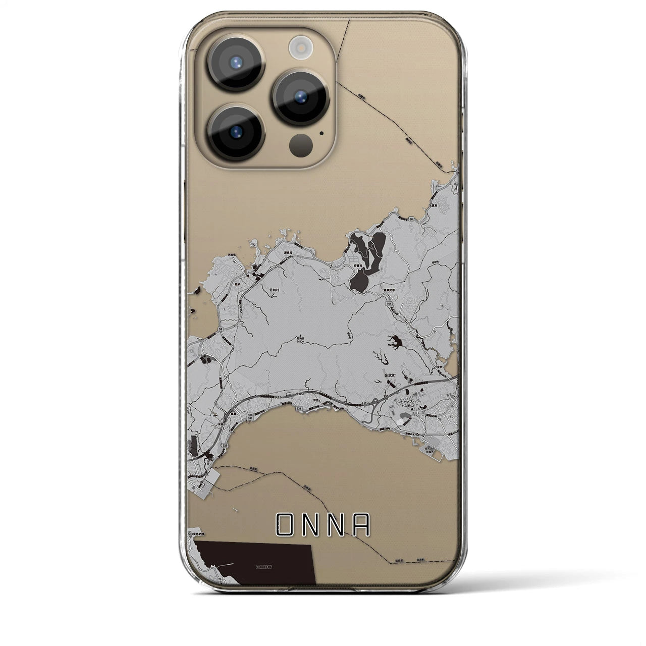 【恩納(沖縄県)】地図柄iPhoneケース(クリアタイプ)モノトーン・iPhone 14 Pro Max 用