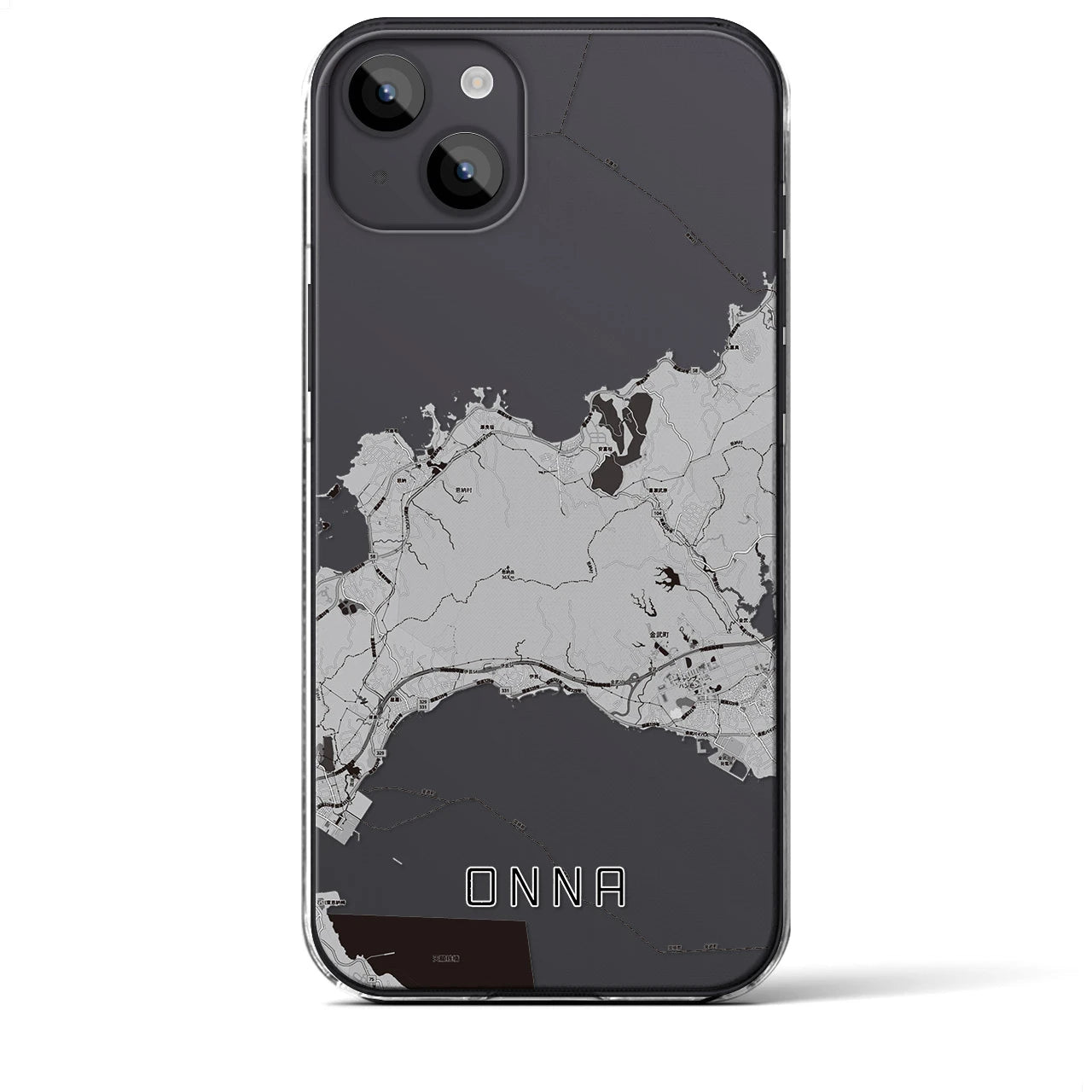 【恩納(沖縄県)】地図柄iPhoneケース(クリアタイプ)モノトーン・iPhone 14 Plus 用