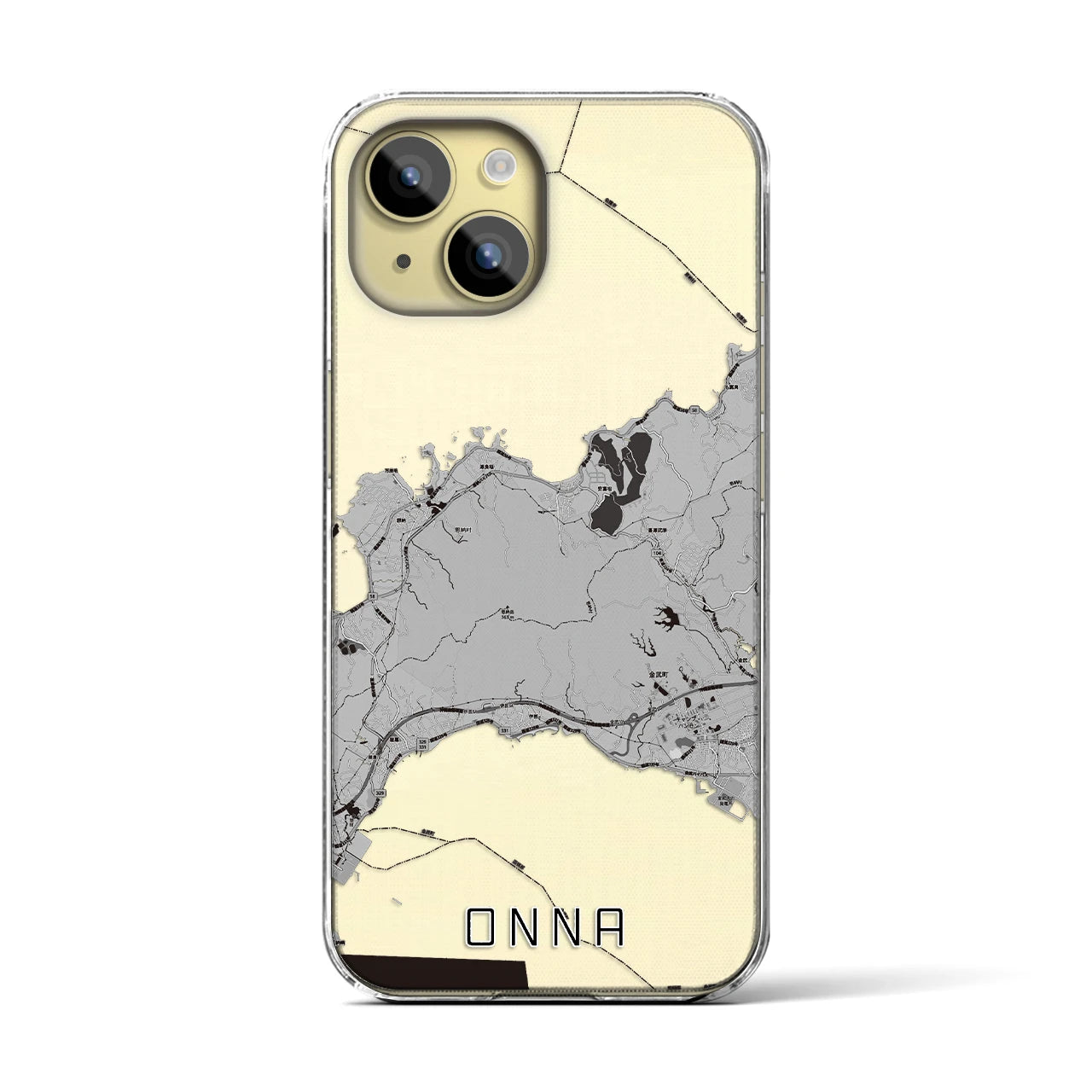【恩納(沖縄県)】地図柄iPhoneケース(クリアタイプ)モノトーン・iPhone 15 用