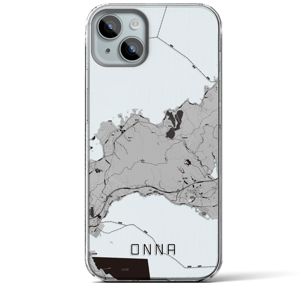 【恩納(沖縄県)】地図柄iPhoneケース(クリアタイプ)モノトーン・iPhone 15 Plus 用
