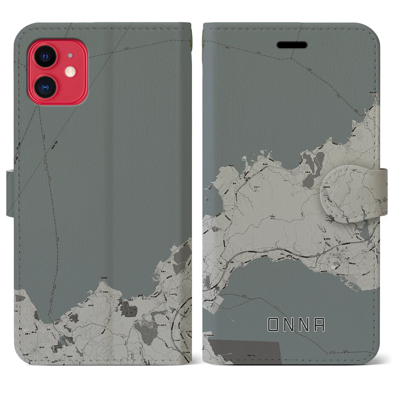 【恩納(沖縄県)】地図柄iPhoneケース(手帳タイプ)モノトーン・iPhone 11 用