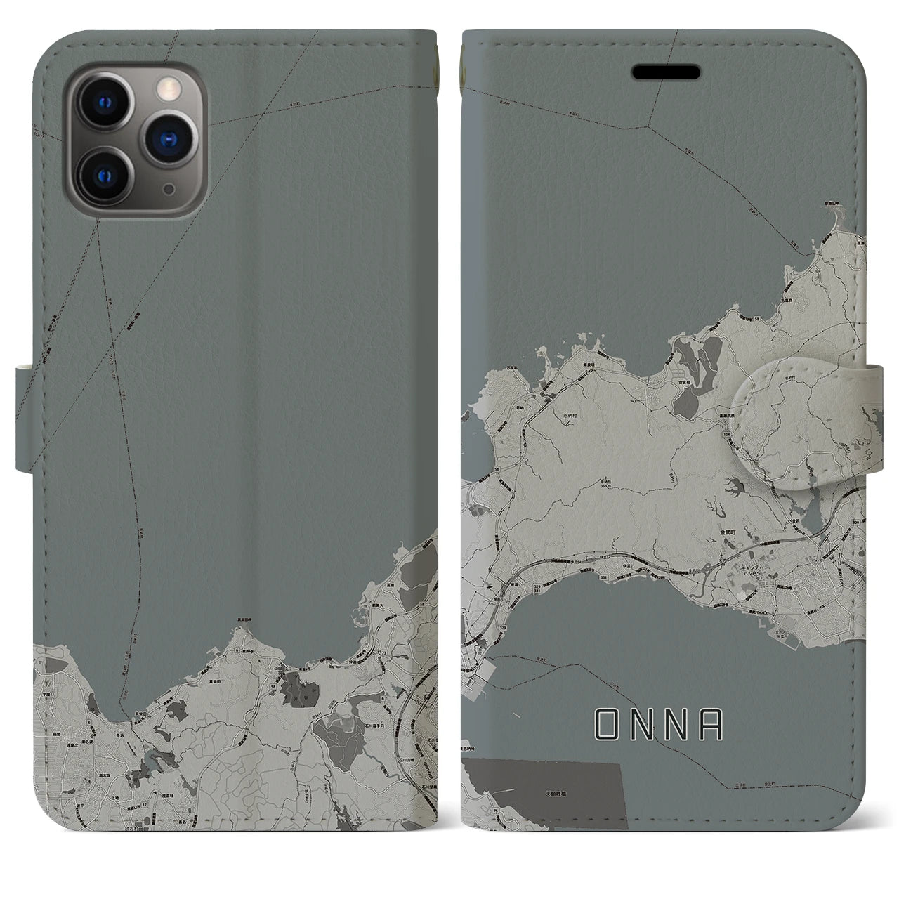 【恩納(沖縄県)】地図柄iPhoneケース(手帳タイプ)モノトーン・iPhone 11 Pro Max 用