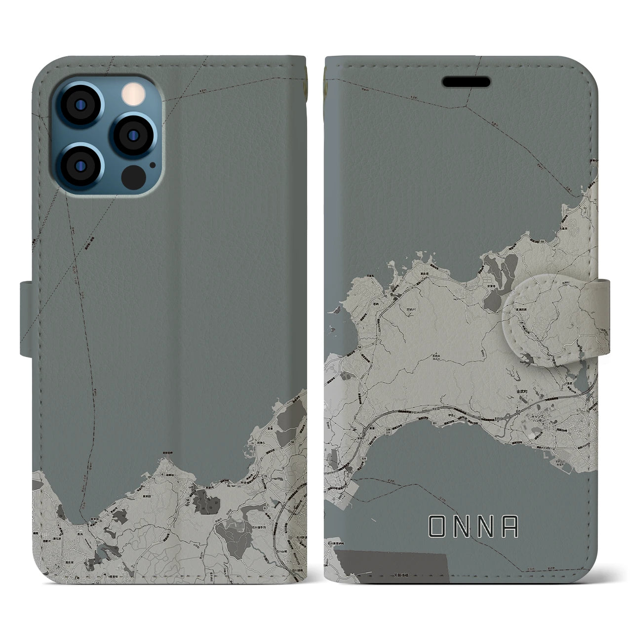 【恩納(沖縄県)】地図柄iPhoneケース(手帳タイプ)モノトーン・iPhone 12 / 12 Pro 用