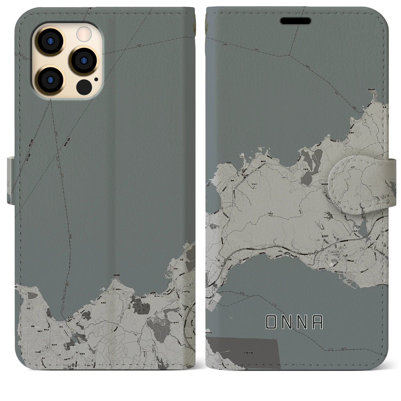 【恩納(沖縄県)】地図柄iPhoneケース(手帳タイプ)モノトーン・iPhone 12 Pro Max 用