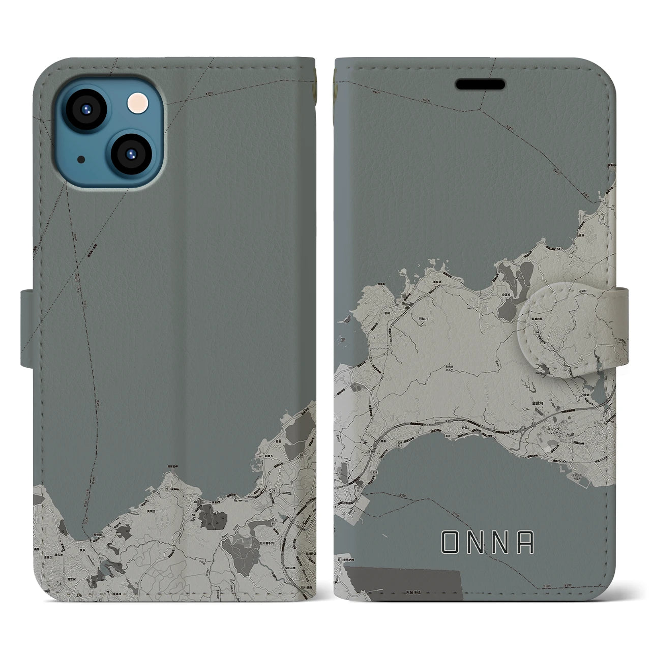 【恩納(沖縄県)】地図柄iPhoneケース(手帳タイプ)モノトーン・iPhone 13 用