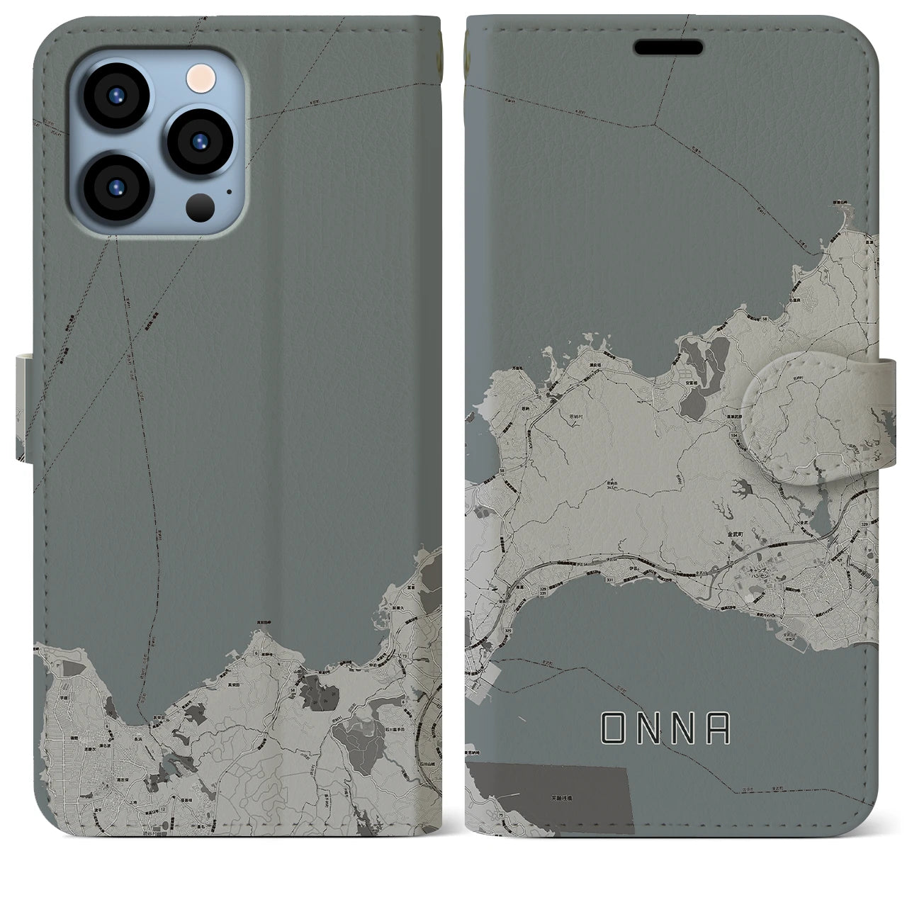 【恩納(沖縄県)】地図柄iPhoneケース(手帳タイプ)モノトーン・iPhone 13 Pro Max 用