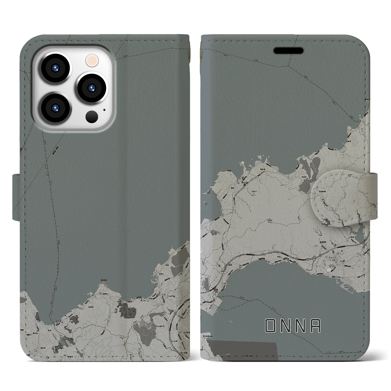 【恩納(沖縄県)】地図柄iPhoneケース(手帳タイプ)モノトーン・iPhone 13 Pro 用