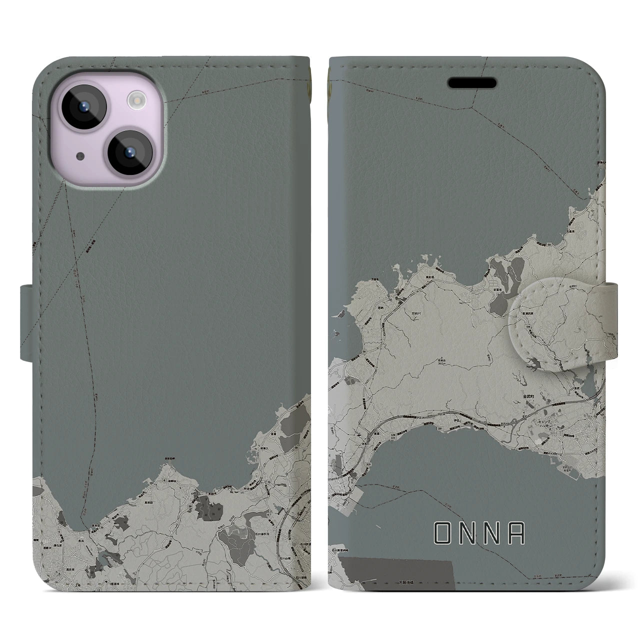 【恩納(沖縄県)】地図柄iPhoneケース(手帳タイプ)モノトーン・iPhone 14 用
