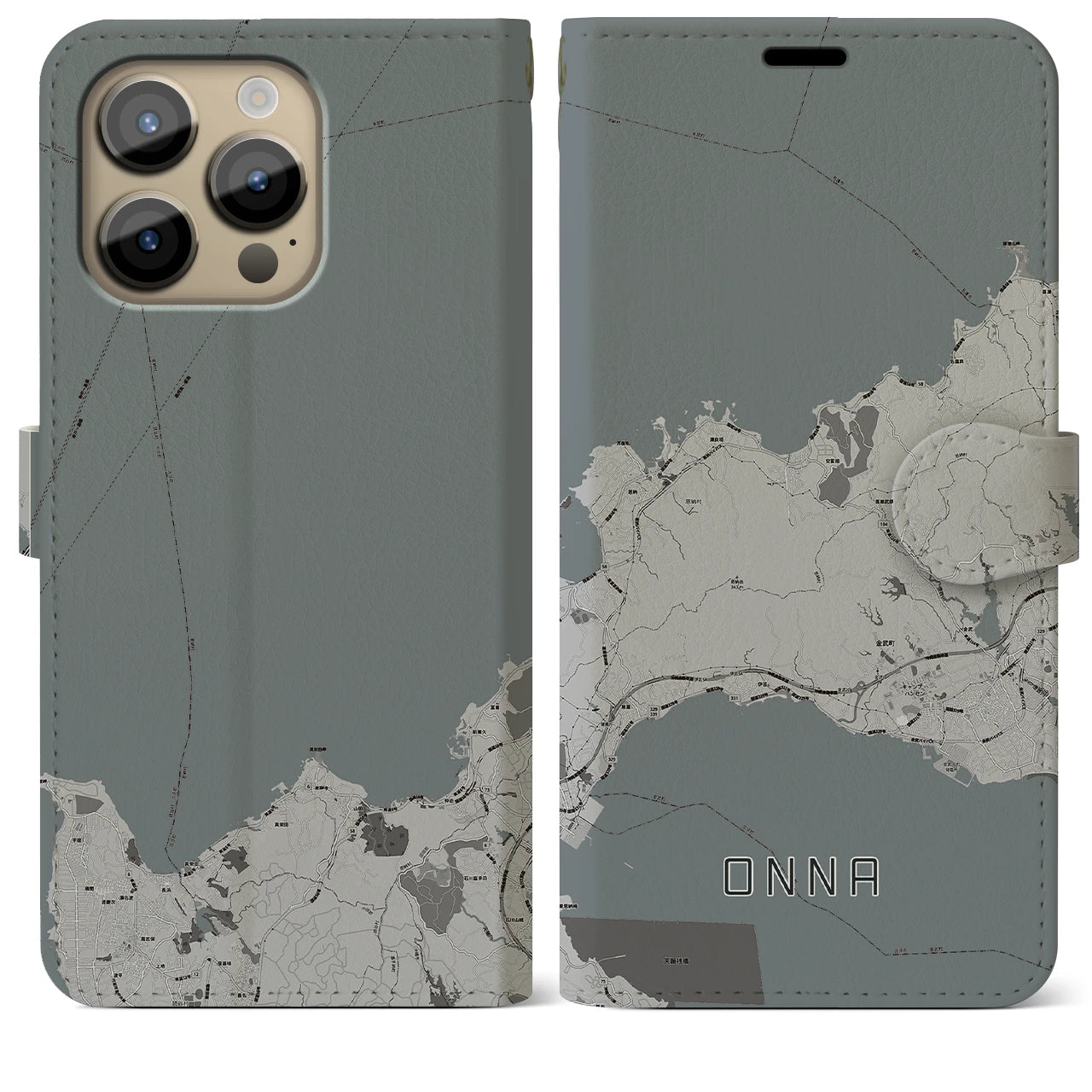 【恩納(沖縄県)】地図柄iPhoneケース(手帳タイプ)モノトーン・iPhone 14 Pro Max 用