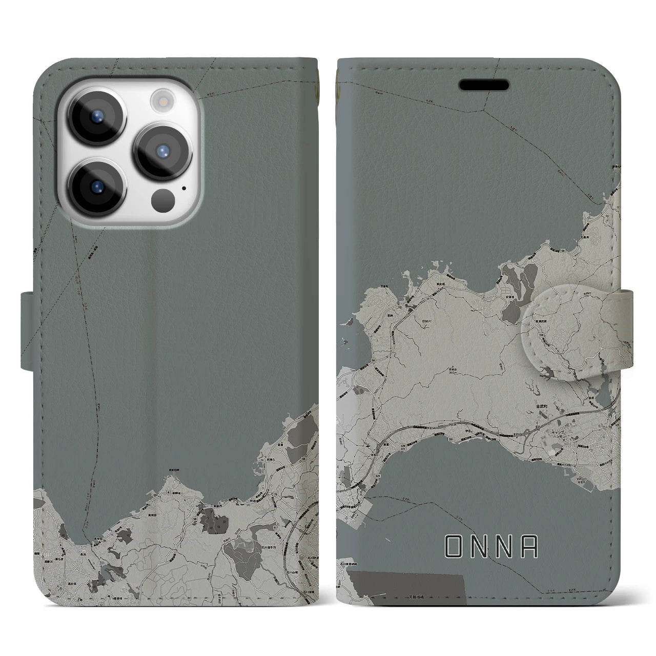 【恩納(沖縄県)】地図柄iPhoneケース(手帳タイプ)モノトーン・iPhone 14 Pro 用