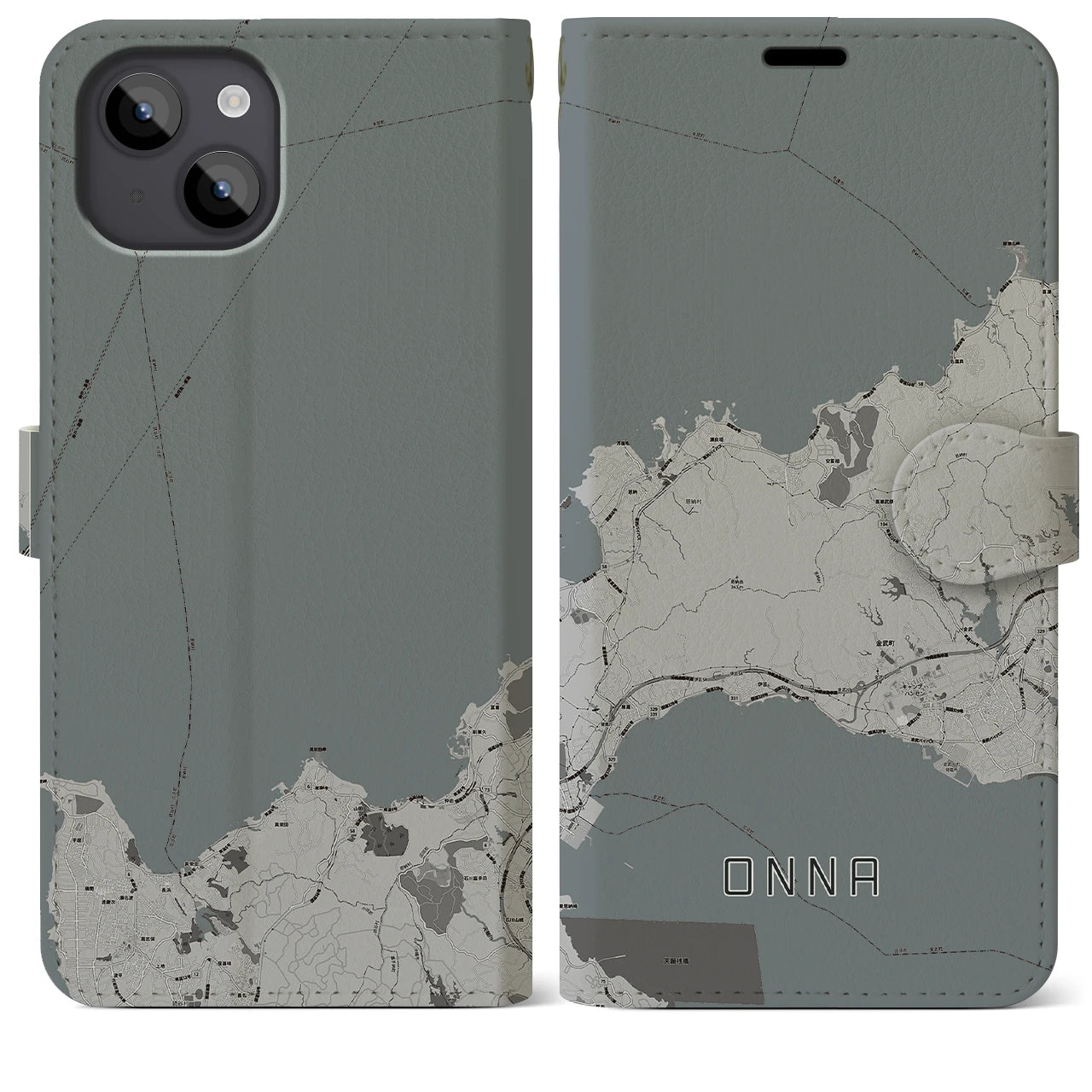 【恩納(沖縄県)】地図柄iPhoneケース(手帳タイプ)モノトーン・iPhone 14 Plus 用