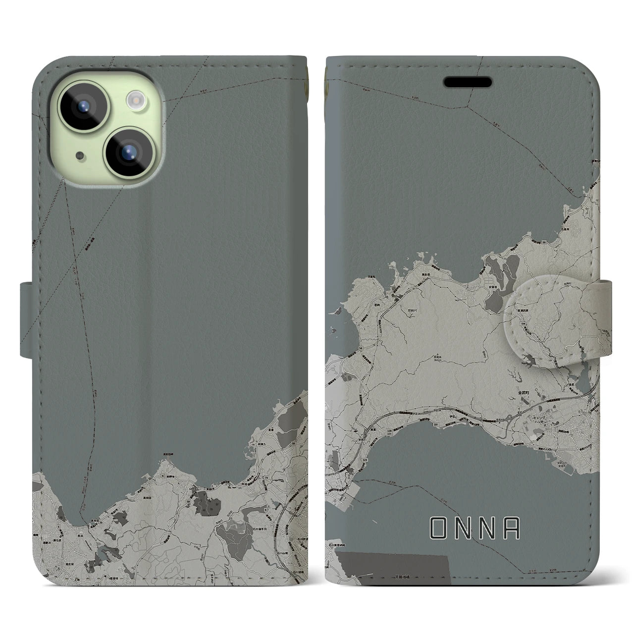 【恩納(沖縄県)】地図柄iPhoneケース(手帳タイプ)モノトーン・iPhone 15 用