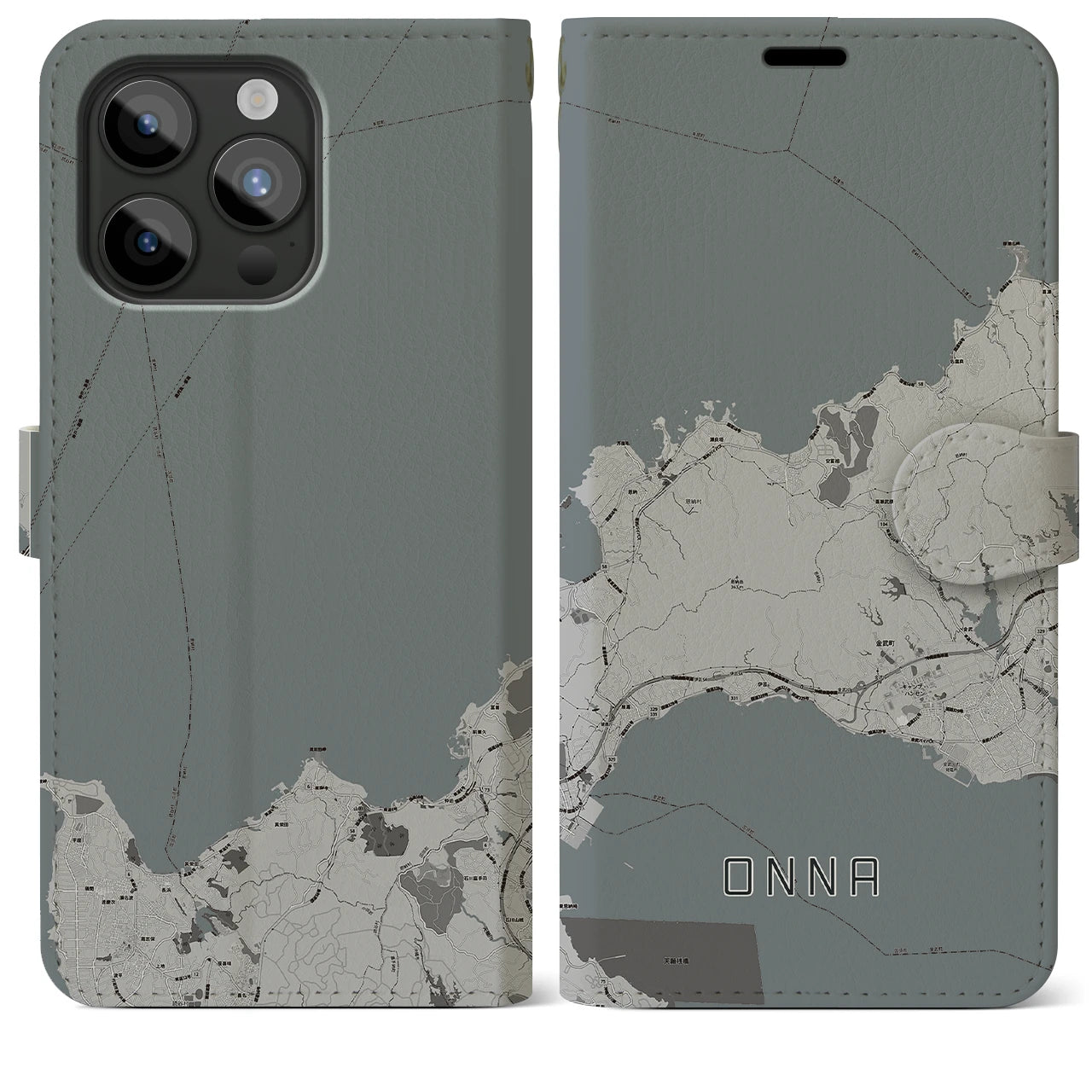 【恩納(沖縄県)】地図柄iPhoneケース(手帳タイプ)モノトーン・iPhone 15 Pro Max 用