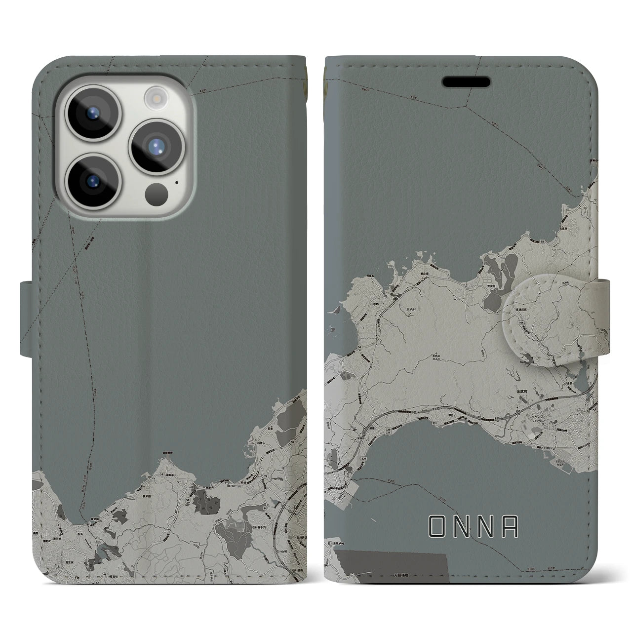 【恩納(沖縄県)】地図柄iPhoneケース(手帳タイプ)モノトーン・iPhone 15 Pro 用