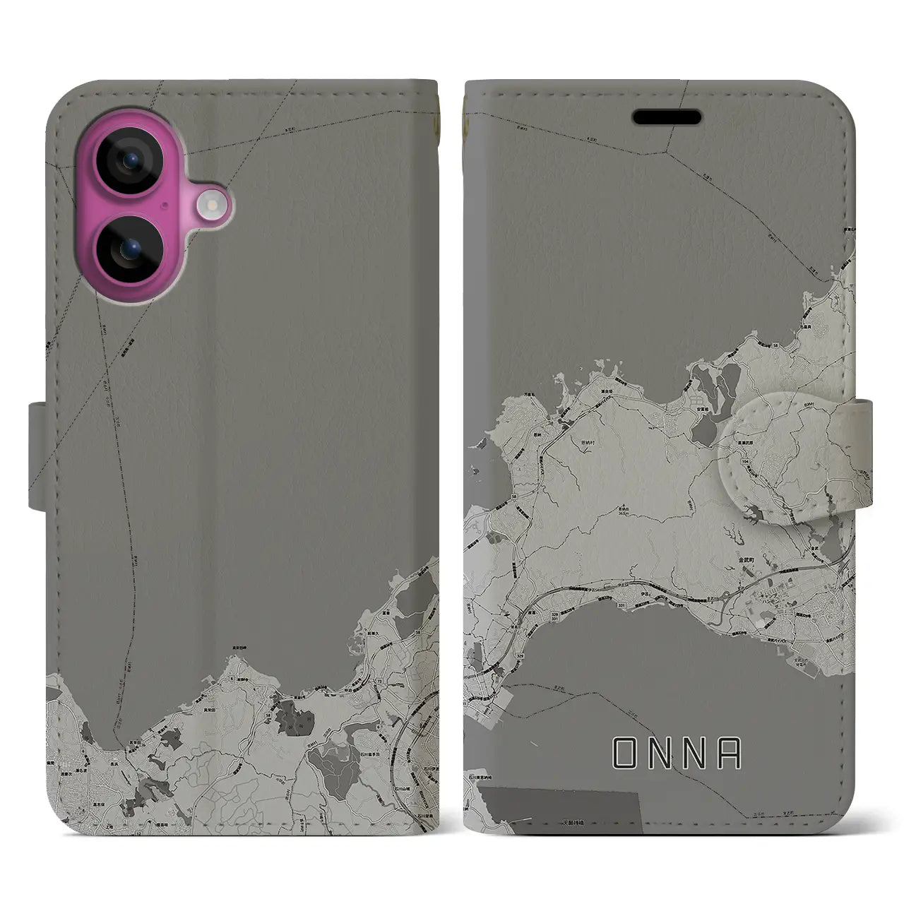 【恩納(沖縄県)】地図柄iPhoneケース(手帳タイプ)モノトーン・iPhone 16 Pro 用
