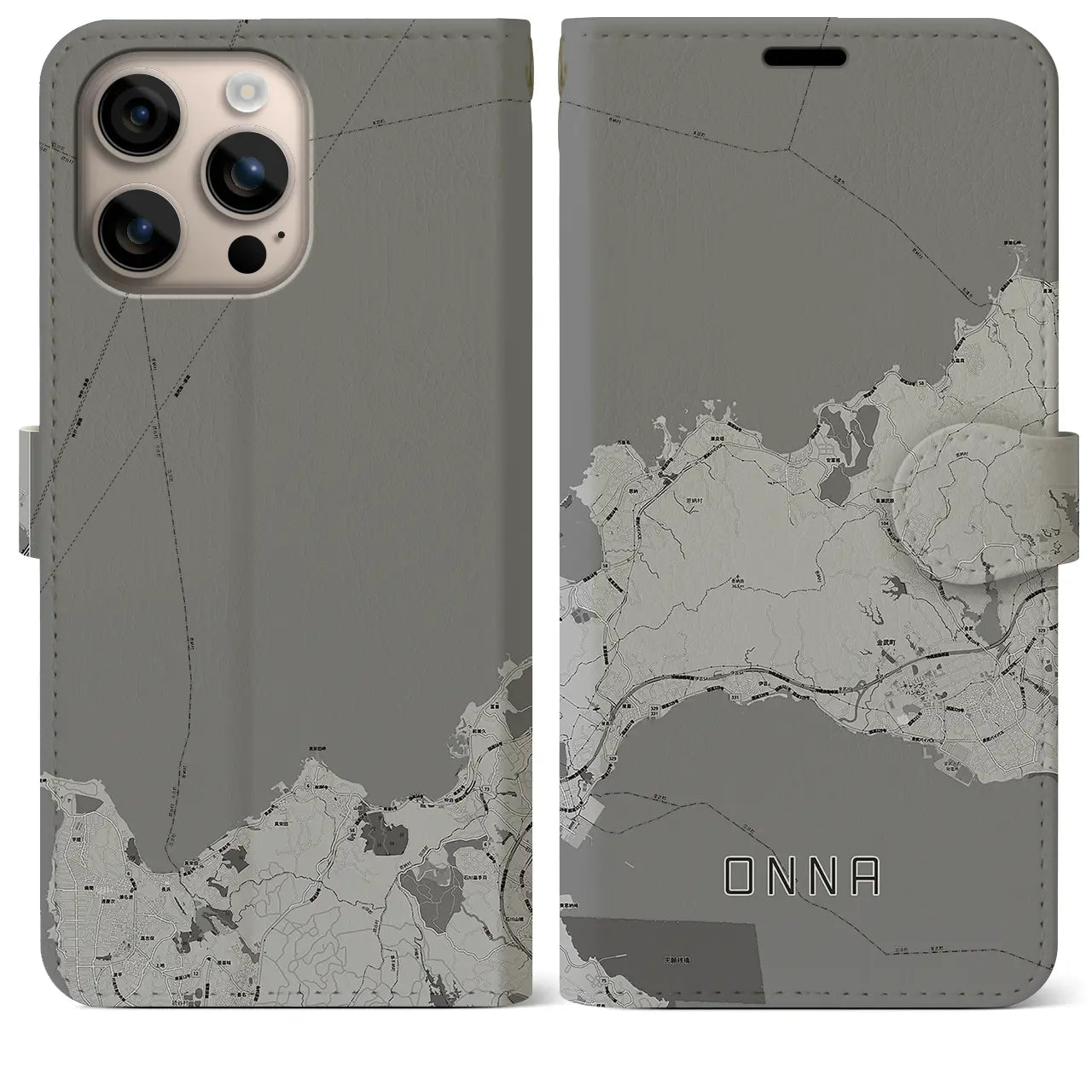 【恩納(沖縄県)】地図柄iPhoneケース(手帳タイプ)モノトーン・iPhone 16 Plus 用