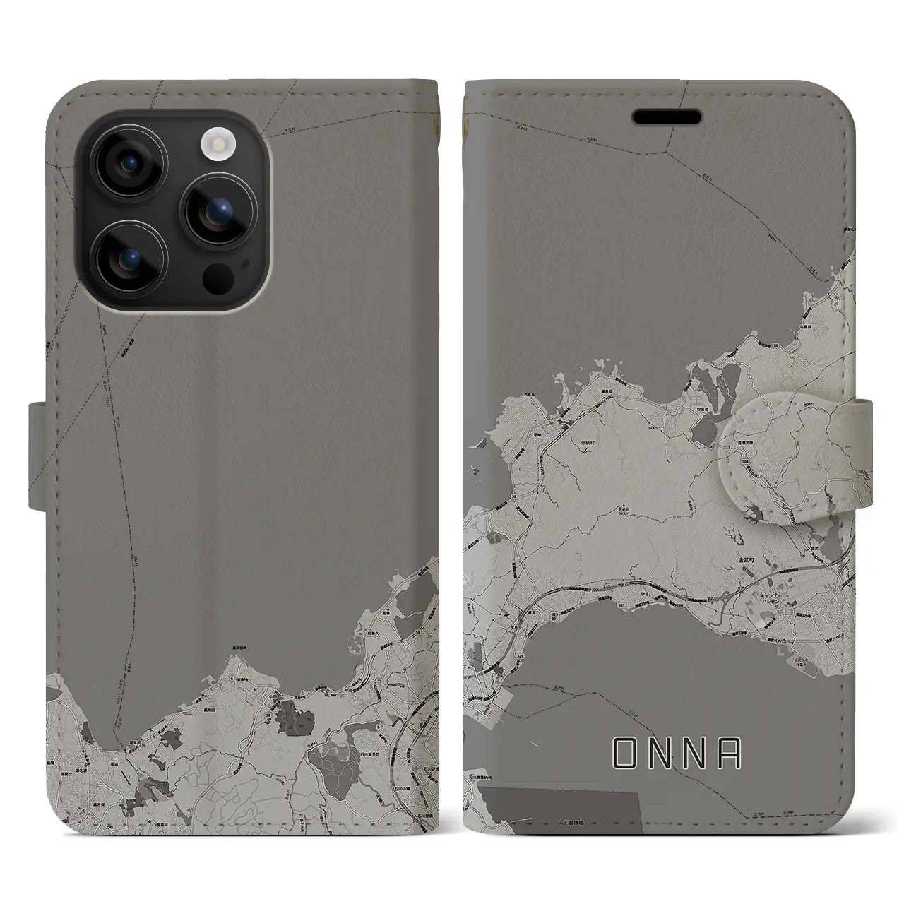 【恩納(沖縄県)】地図柄iPhoneケース(手帳タイプ)モノトーン・iPhone 16 用