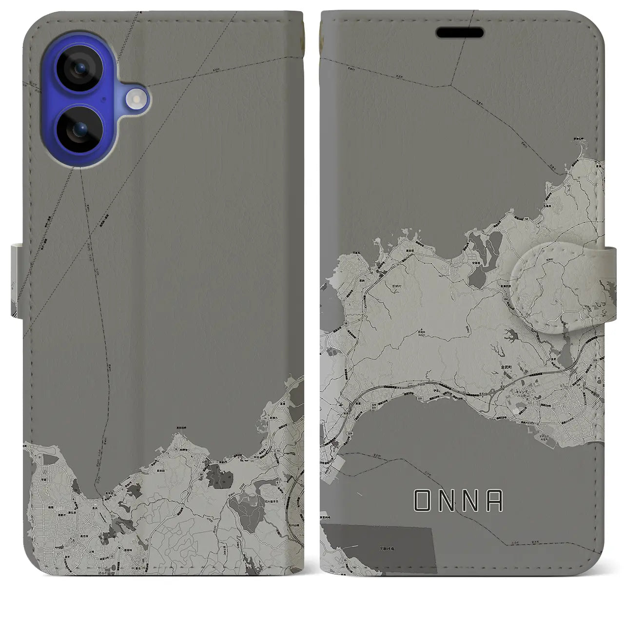 【恩納(沖縄県)】地図柄iPhoneケース(手帳タイプ)モノトーン・iPhone 16 Pro Max 用