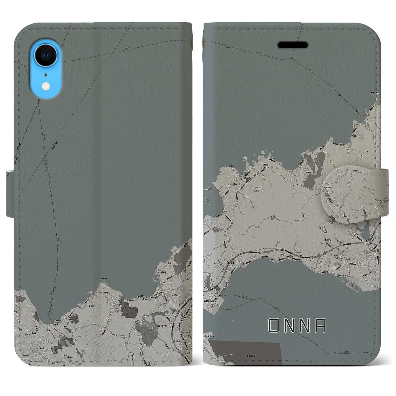 【恩納(沖縄県)】地図柄iPhoneケース(手帳タイプ)モノトーン・iPhone XR 用