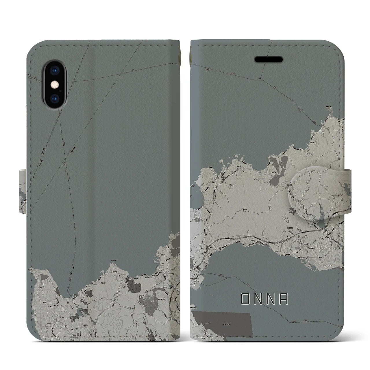 【恩納(沖縄県)】地図柄iPhoneケース(手帳タイプ)モノトーン・iPhone XS / X 用