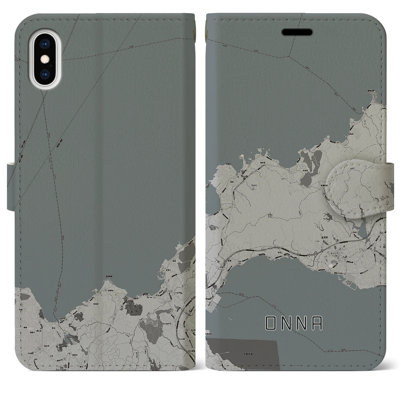 【恩納(沖縄県)】地図柄iPhoneケース(手帳タイプ)モノトーン・iPhone XS Max 用
