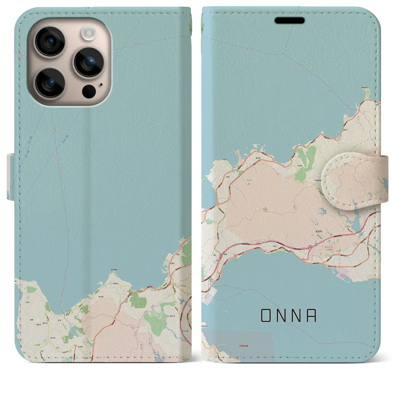 【恩納(沖縄県)】地図柄iPhoneケース(手帳タイプ)ナチュラル・iPhone 16 Plus 用