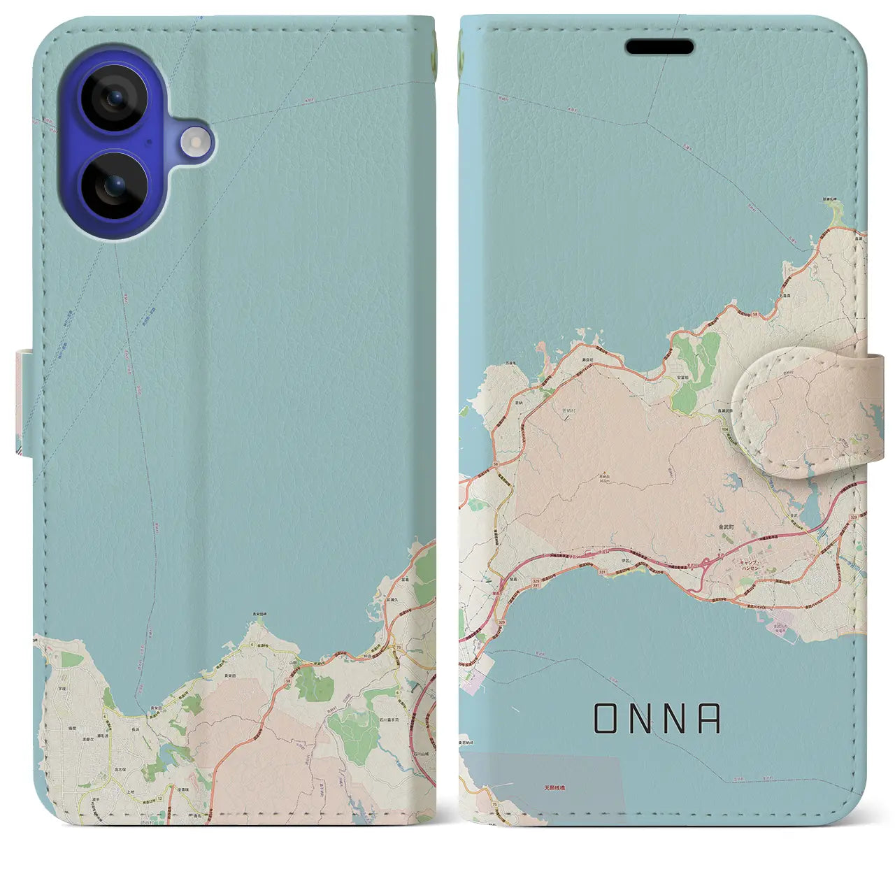 【恩納(沖縄県)】地図柄iPhoneケース(手帳タイプ)ナチュラル・iPhone 16 Pro Max 用